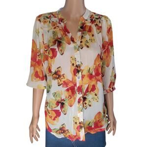 Figueroa & Flower Size S Estilo Sheer Butterfly Floral Boho Tie Front Blouse